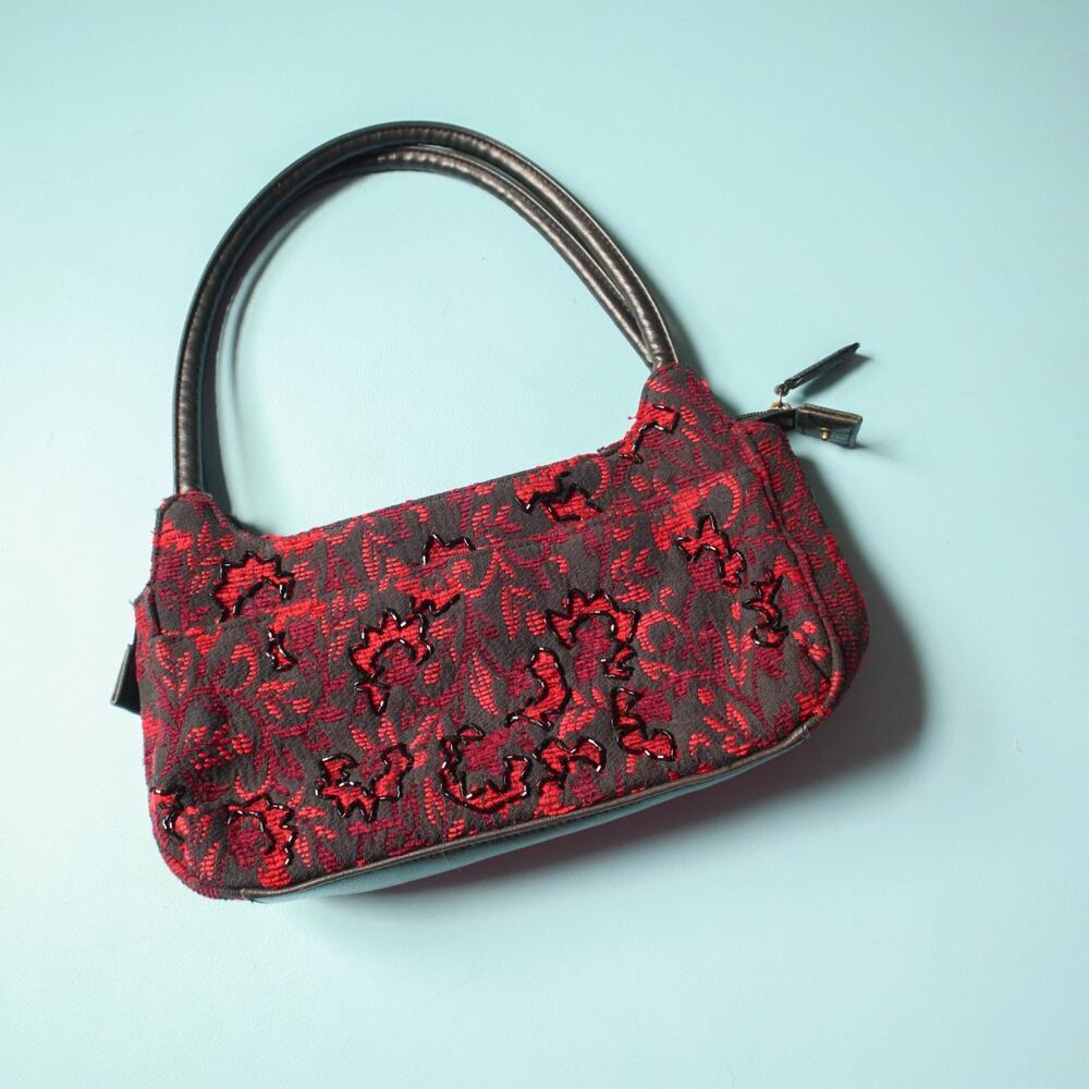 Cherokee Y2K Retro Beaded Upholstered Top Handle Shoulder Purse Leather Accent
